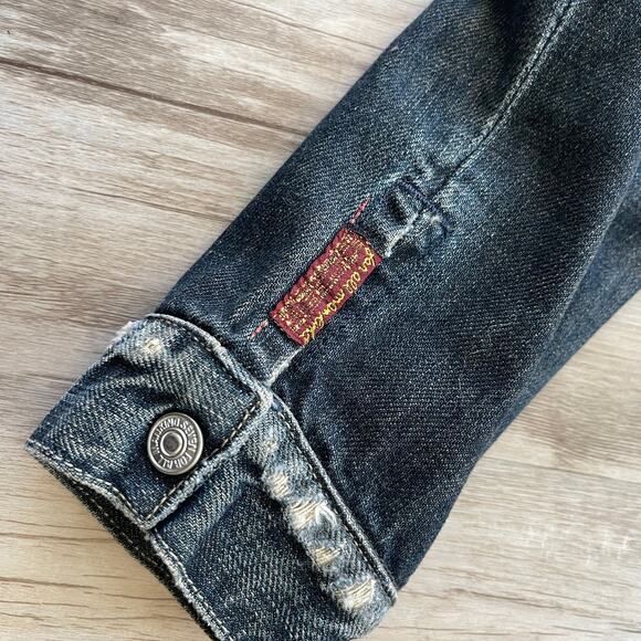 7 For All Mankind Women’s Cropped Distressed Denim Jacket Medium Wash Size Small - Picture 5 of 9
